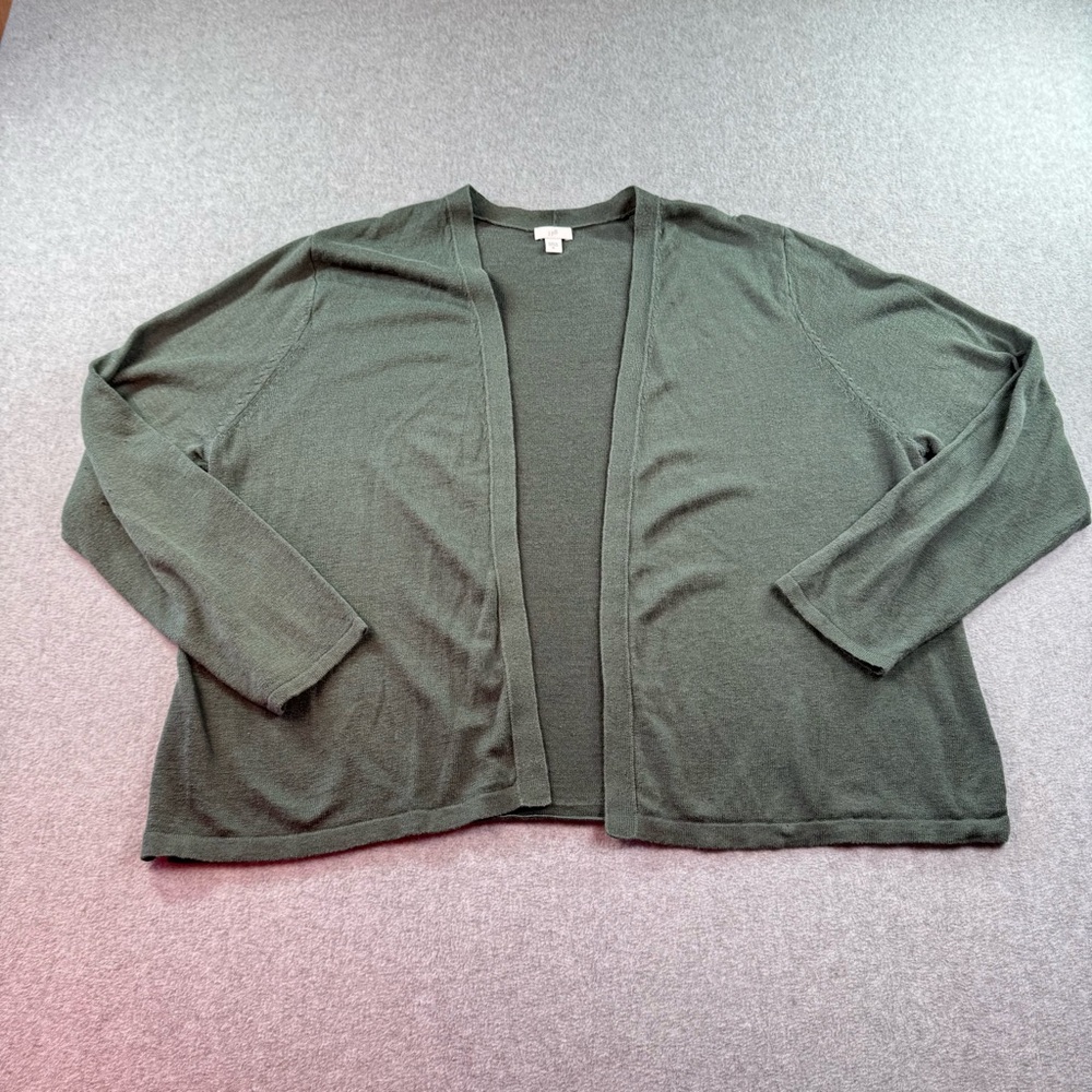 J. Jill Military Olive Green‎ Open Front Linen Cotton Blend Cardigan Size XL